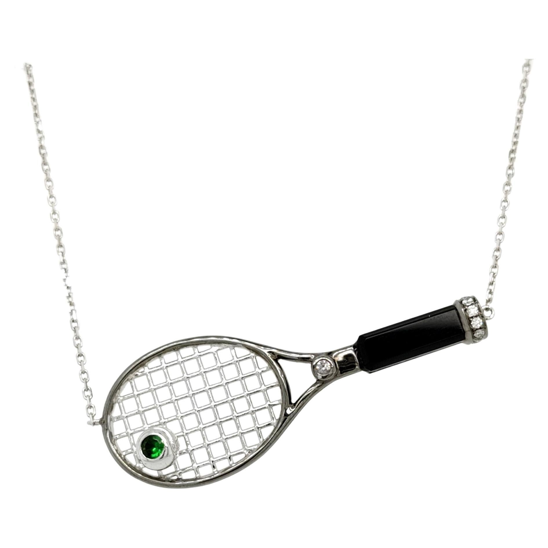18K White Gold Tennis Racket Diamond Pendant Necklace with Green Garnet and Onyx For Sale