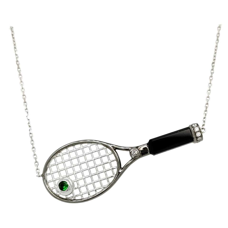 18K White Gold Tennis Racket Diamond Pendant Necklace with Green Garnet ...