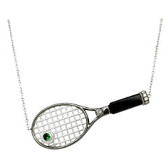 18K White Gold Tennis Racket Diamond Pendant Necklace with Green Garnet and Onyx