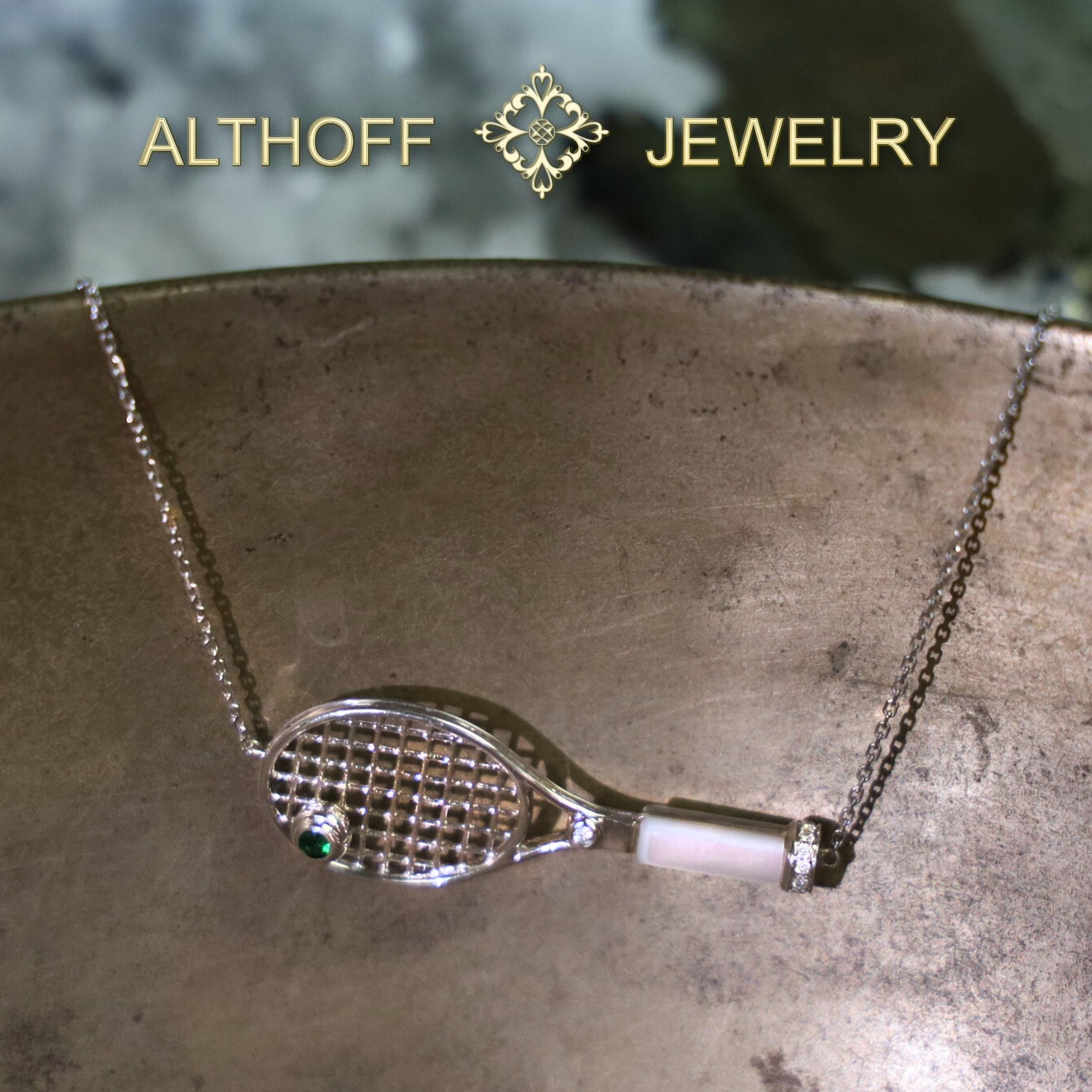 Round Cut 18K White Gold Tennis Racket Diamond Pendant Necklace with Mother of Pearl For Sale