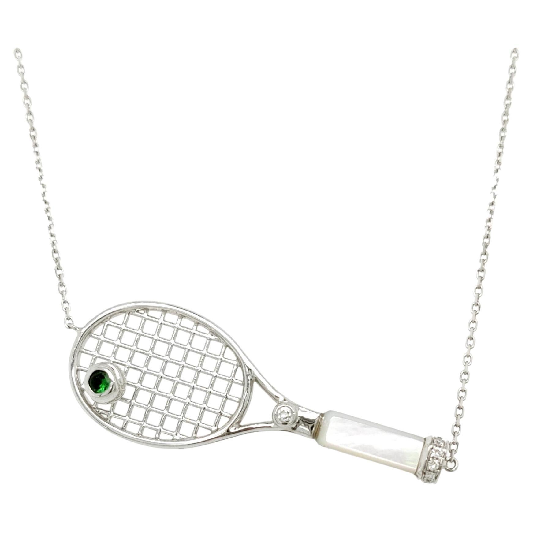 18K White Gold Tennis Racket Diamond Pendant Necklace with Mother of Pearl For Sale