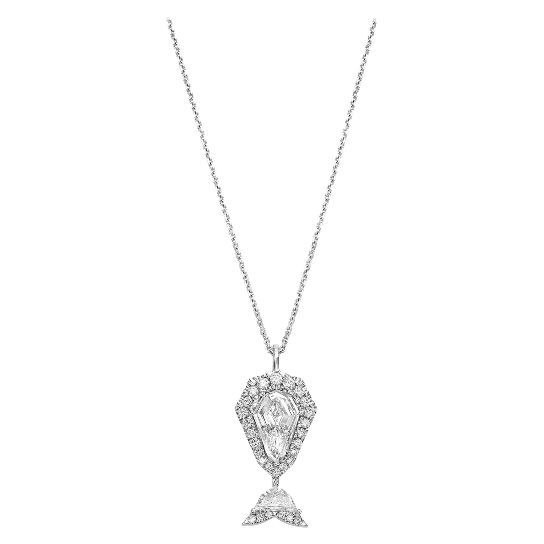 18k White Gold "The Whale" Pendant Necklace With 1.28 ct Shield Shape Natural Di