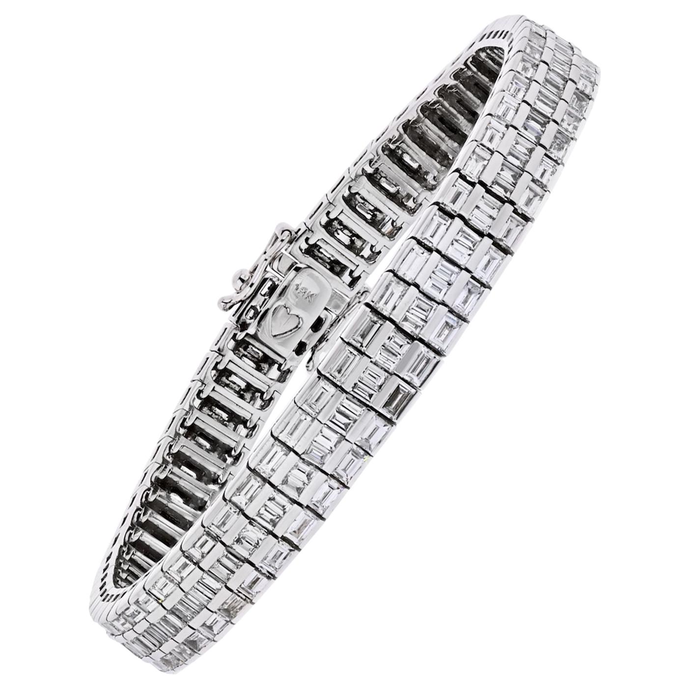 18 Karat White Gold Three-Row Baguette Diamond Tennis Bracelet