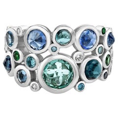 18k White Gold Three Row Blues Cascade Ring