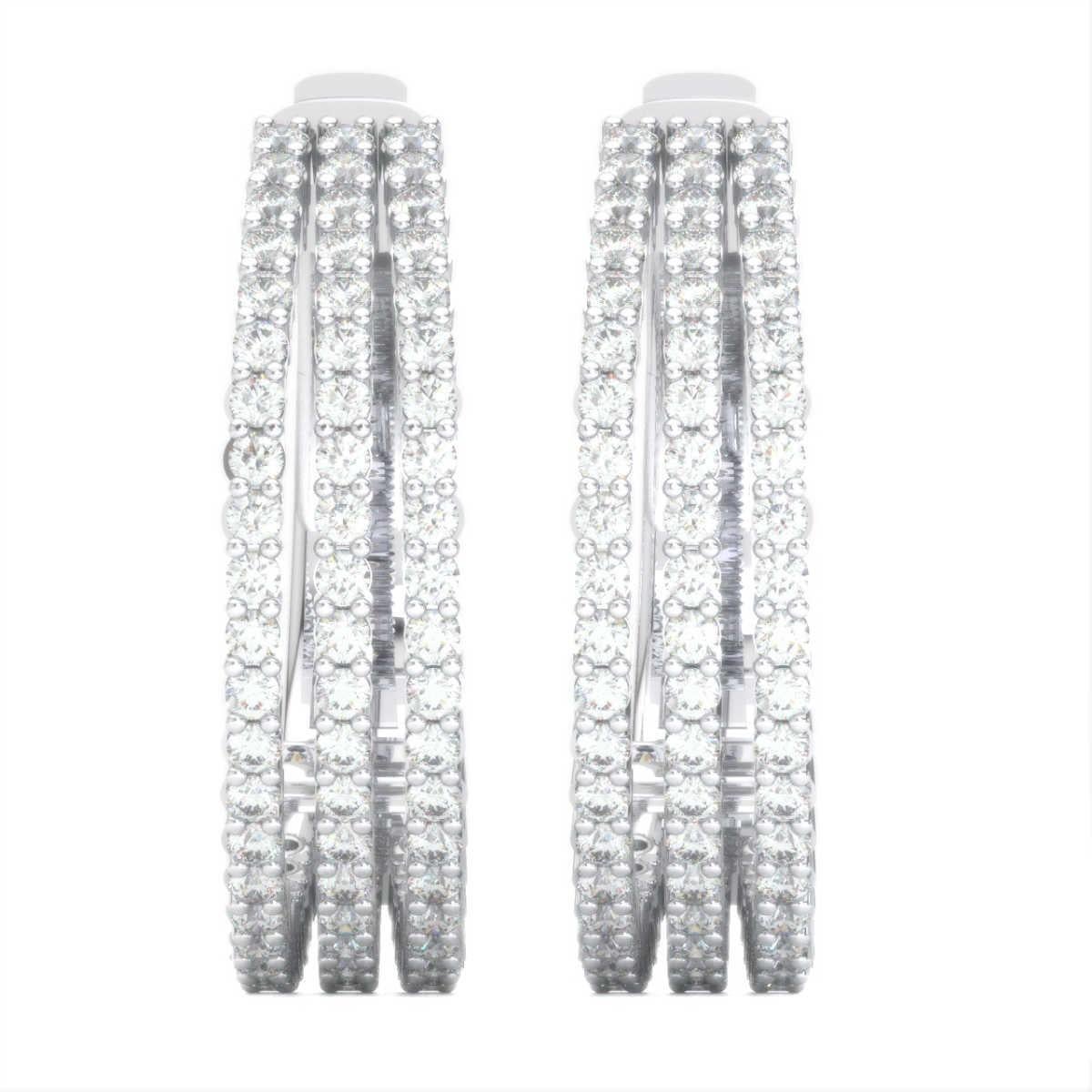 Round Cut 18 Karat White Gold Three-Row Hoop Diamond Earrings '1 1/2 Carat' For Sale