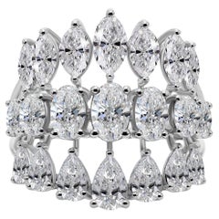 18K White Gold Three Row Marquise Pear Oval Cut Diamond Cocktail Ring