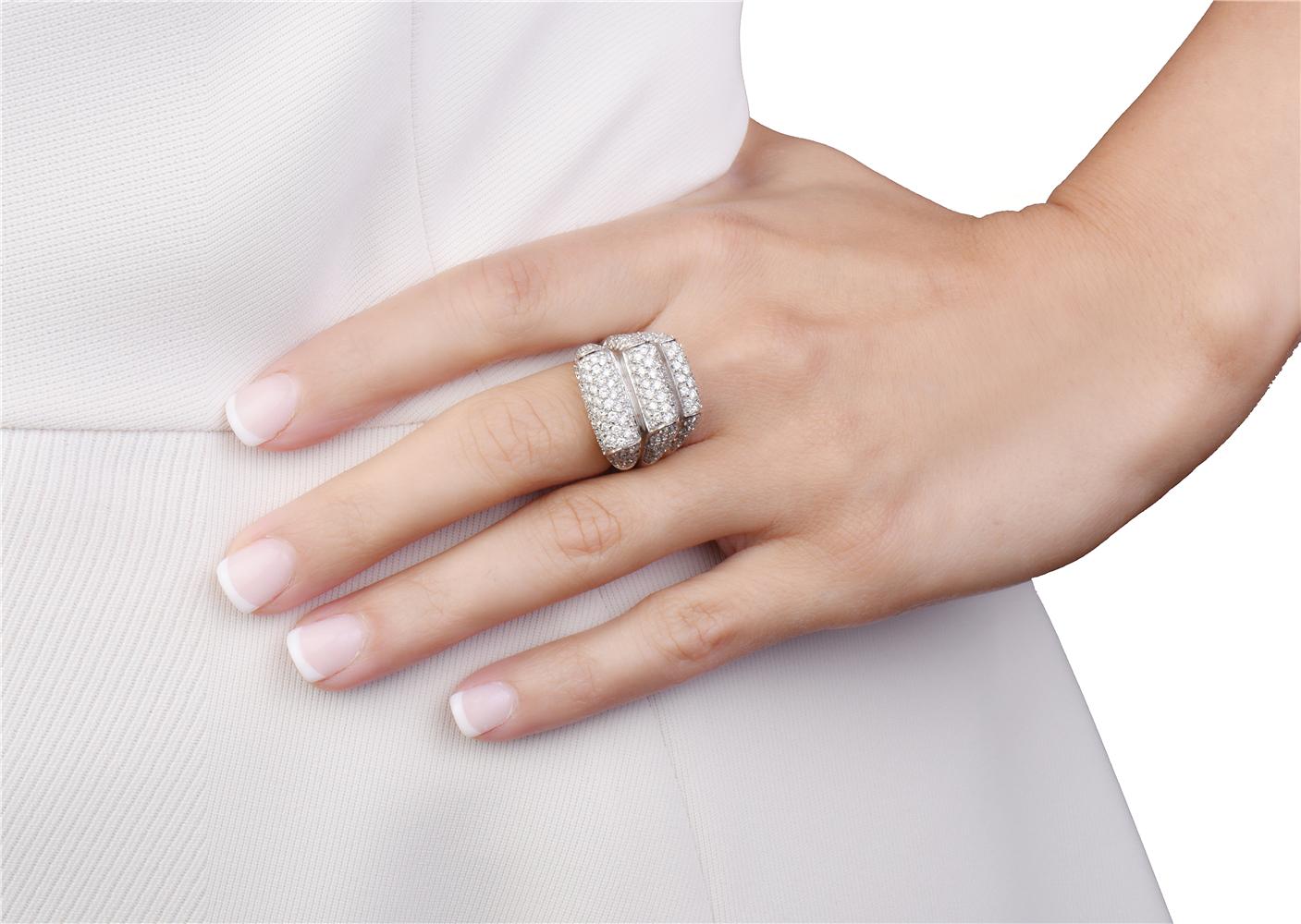 Round Cut 18 Karat White Gold Three-Row Pave Diamond Cocktail Ring For Sale