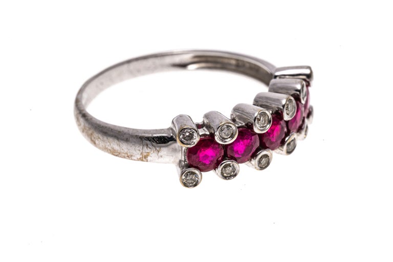 18k White Gold Three Row Ruby and Bezel Set Raised Diamond Band Ring ...