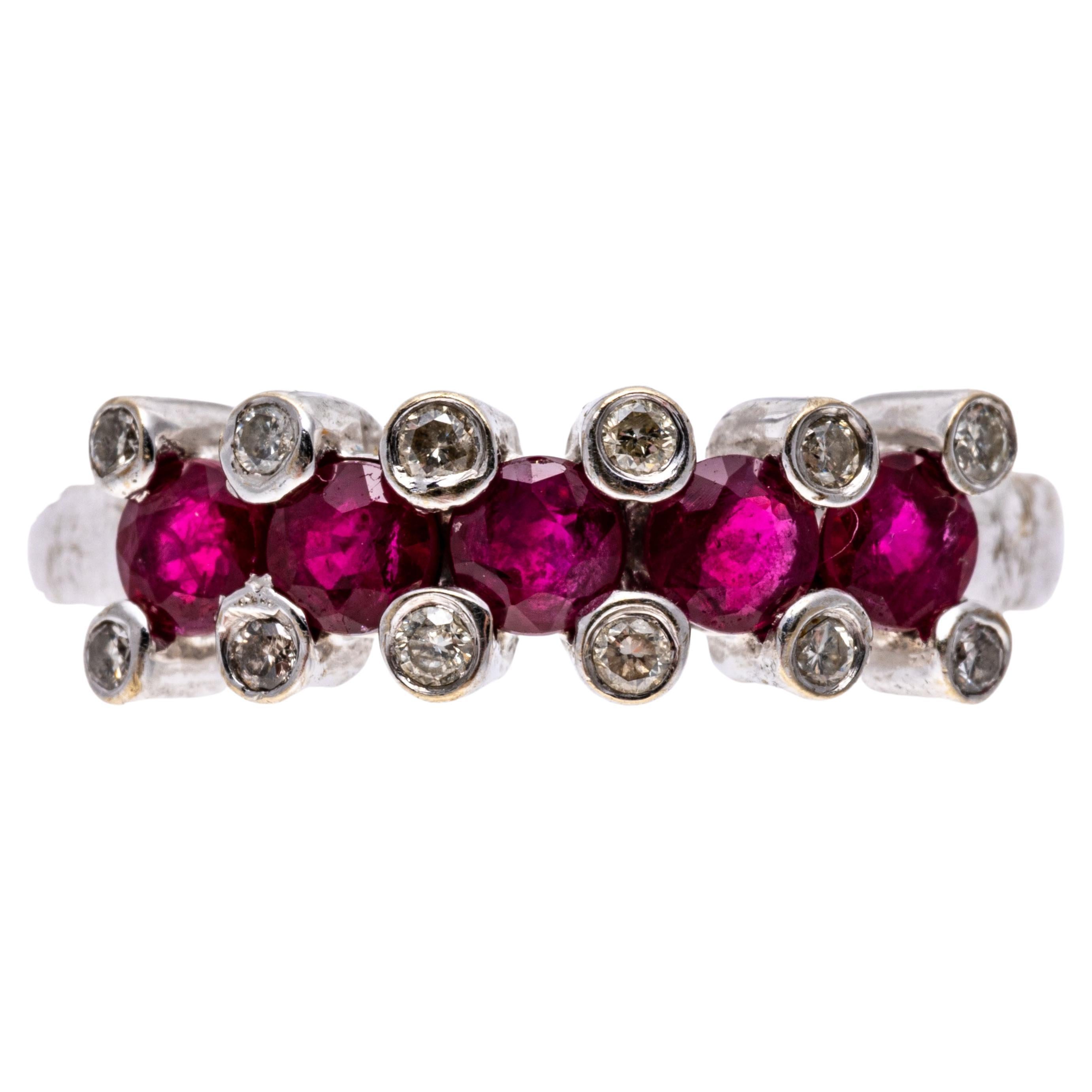 18k White Gold Three Row Ruby and Bezel Set Raised Diamond Band Ring For Sale