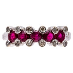 18k White Gold Three Row Ruby and Bezel Set Raised Diamond Band Ring