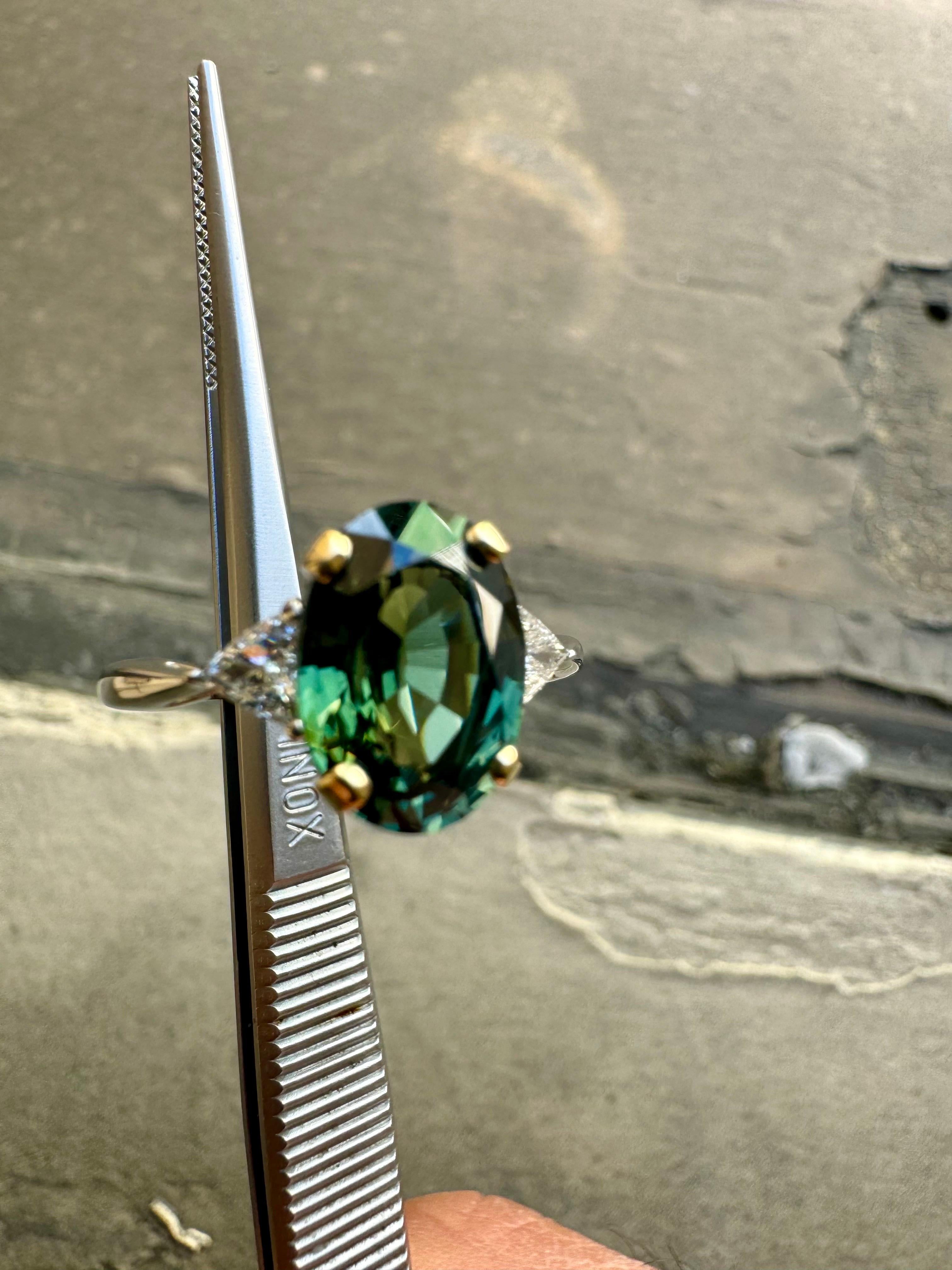 18K White Gold Three Stone 5.09 Carat No Heat Green Sapphire Engagement Ring 4