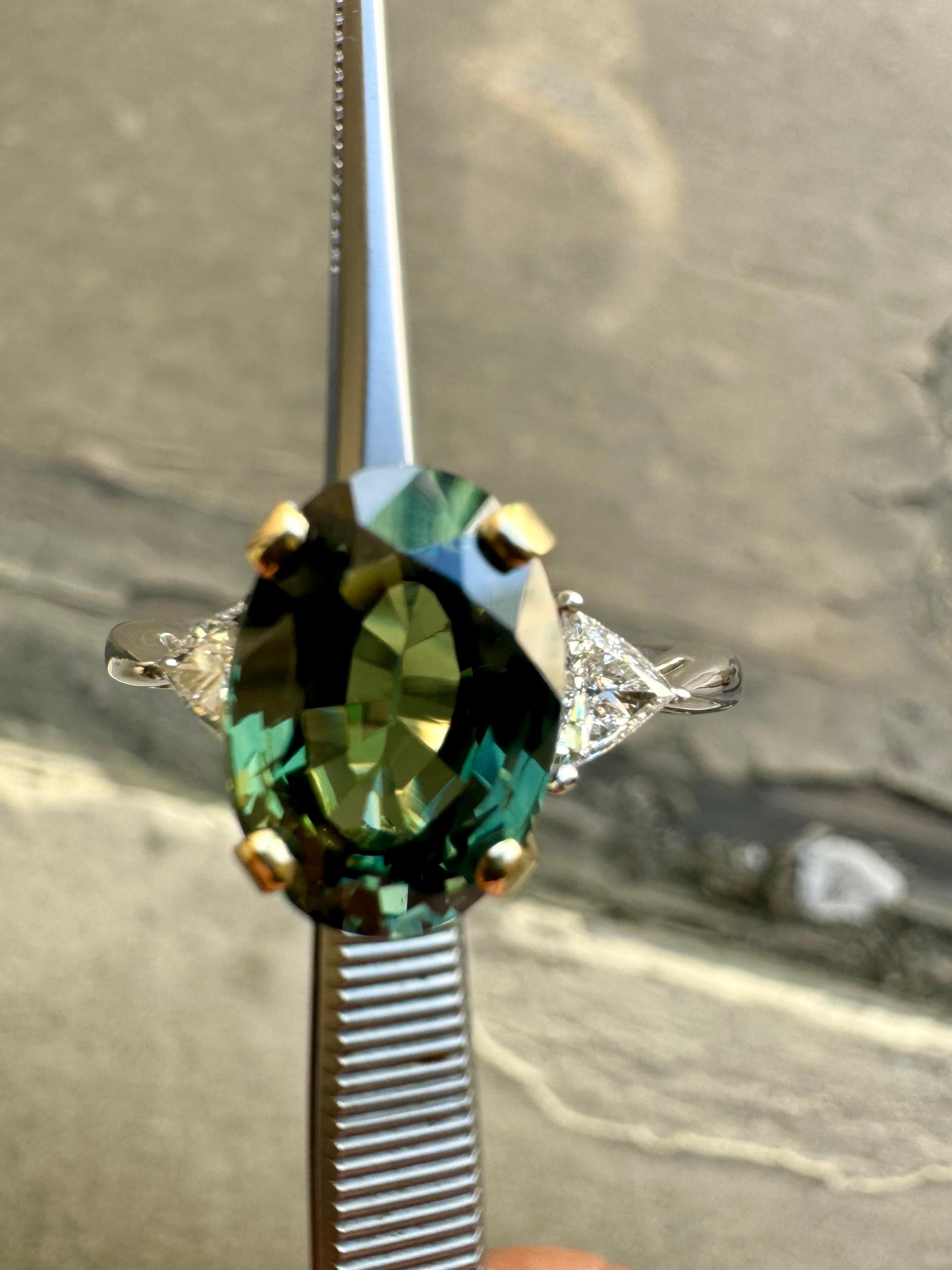 18K White Gold Three Stone 5.09 Carat No Heat Green Sapphire Engagement Ring 5