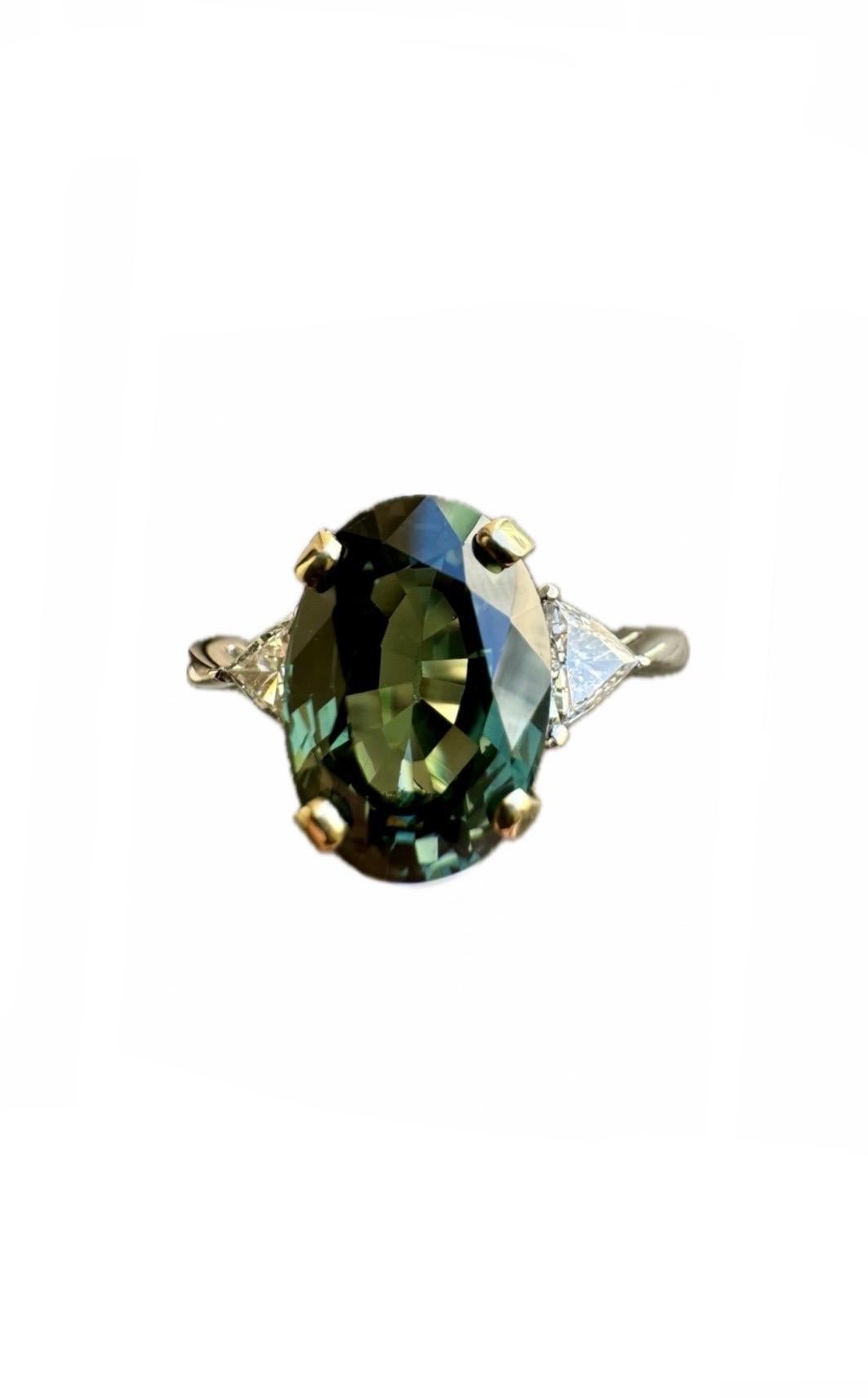 Modern 18K White Gold Three Stone 5.09 Carat No Heat Green Sapphire Engagement Ring