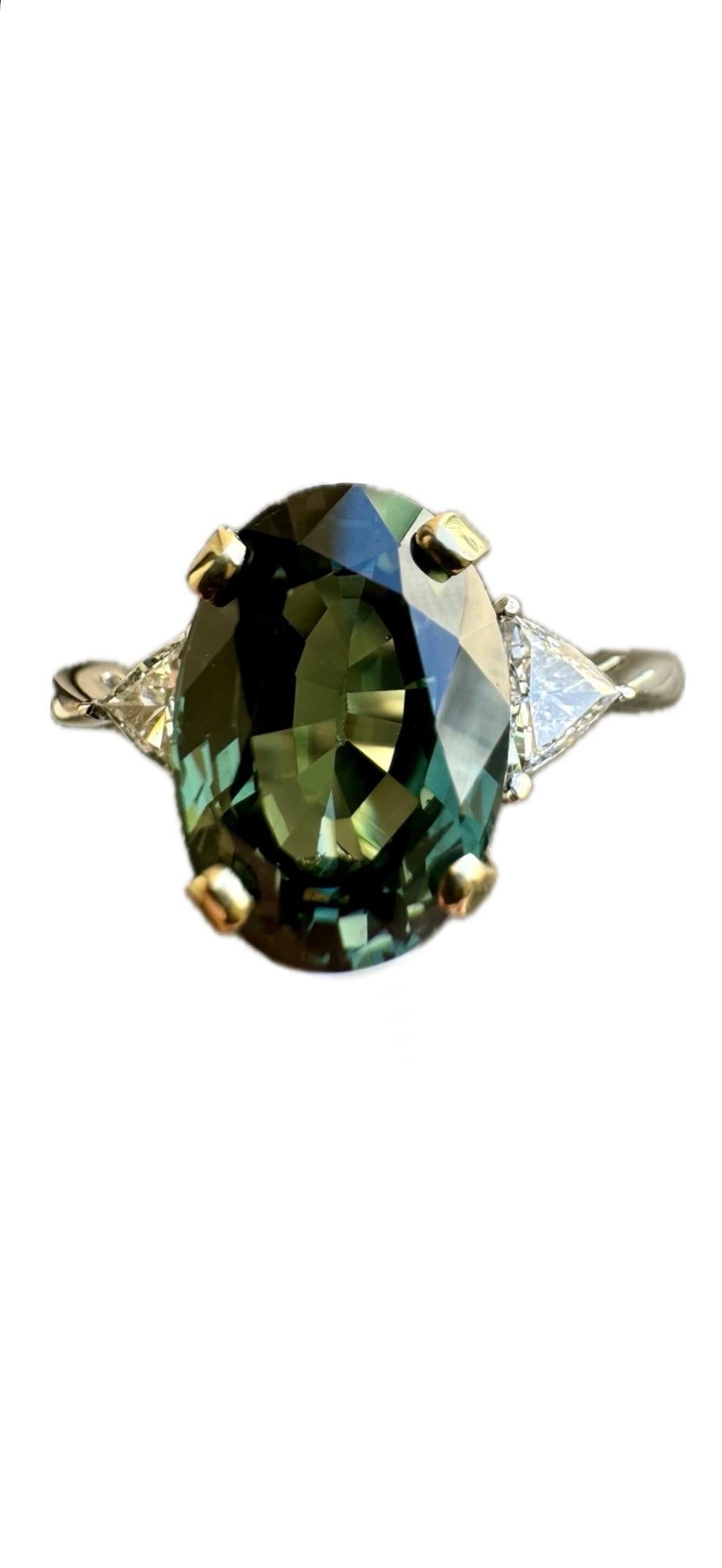 Oval Cut 18K White Gold Three Stone 5.09 Carat No Heat Green Sapphire Engagement Ring