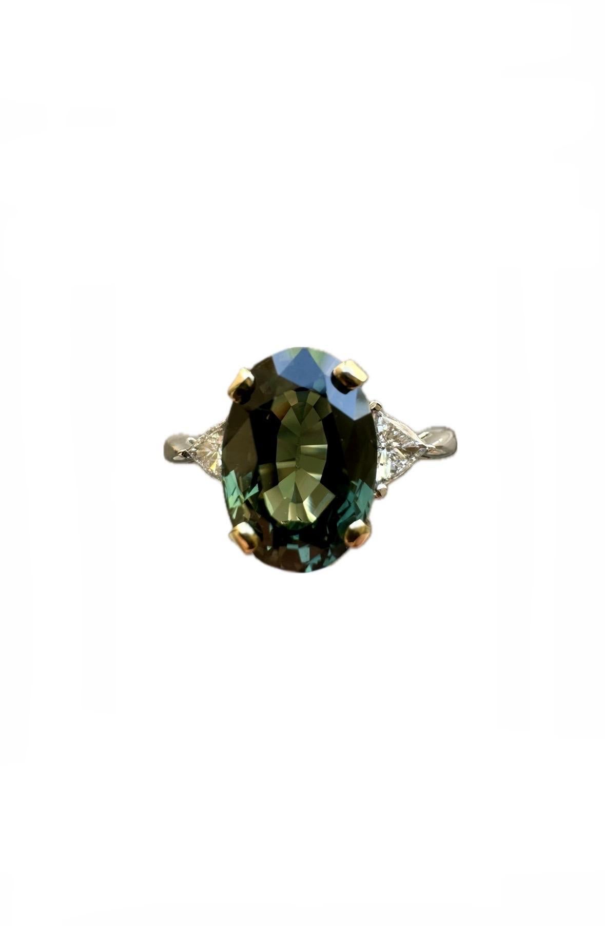 Women's 18K White Gold Three Stone 5.09 Carat No Heat Green Sapphire Engagement Ring