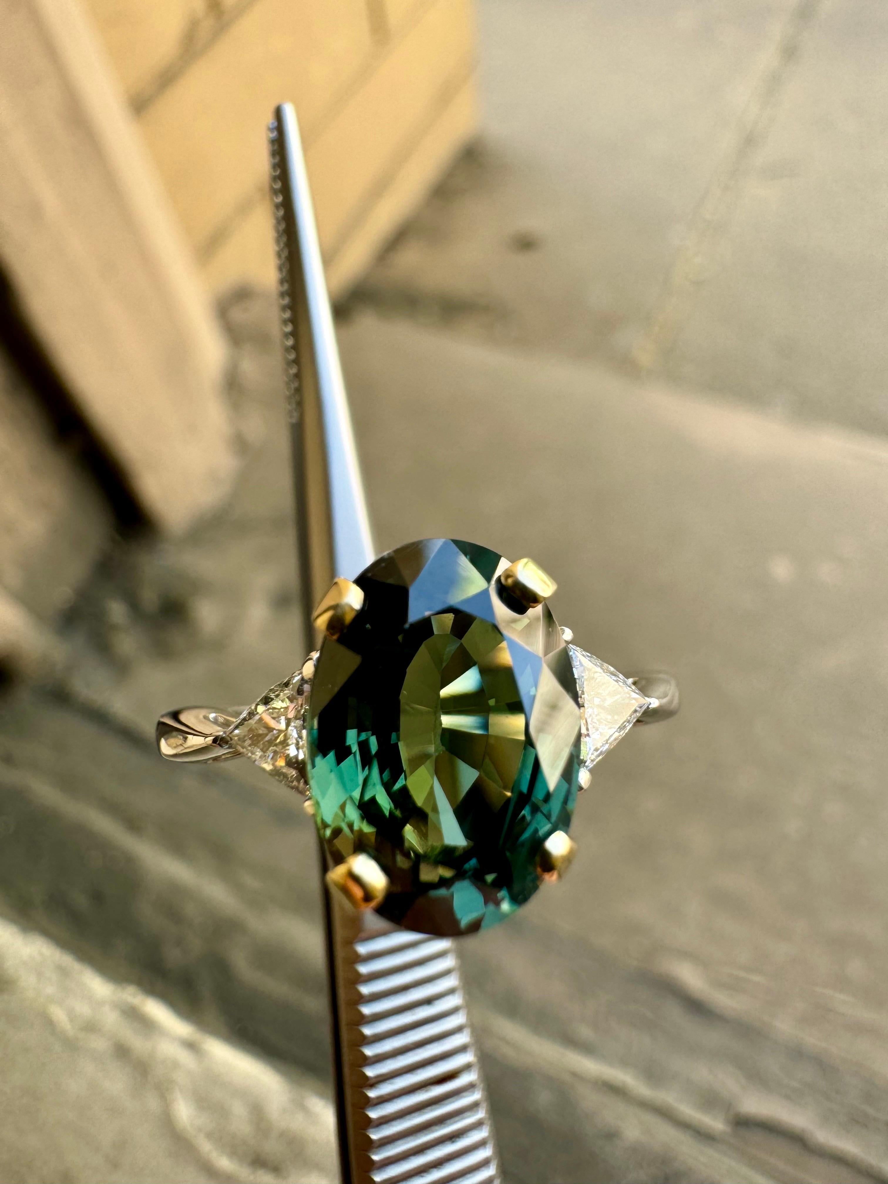 18K White Gold Three Stone 5.09 Carat No Heat Green Sapphire Engagement Ring 1