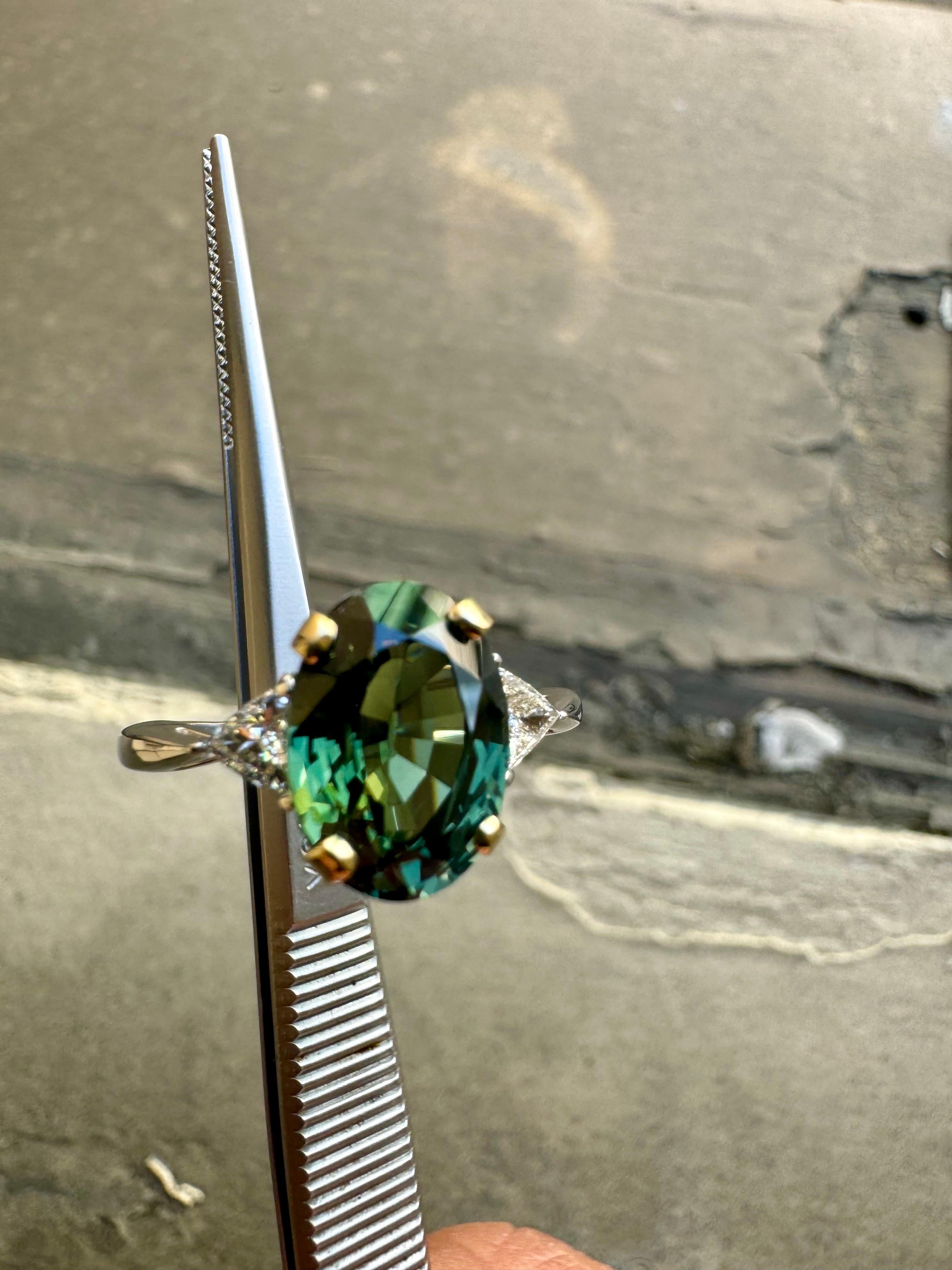 18K White Gold Three Stone 5.09 Carat No Heat Green Sapphire Engagement Ring 3