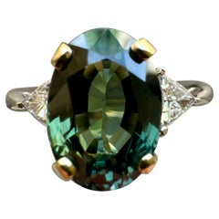 18K White Gold Three Stone 5.09 Carat No Heat Green Sapphire Engagement Ring