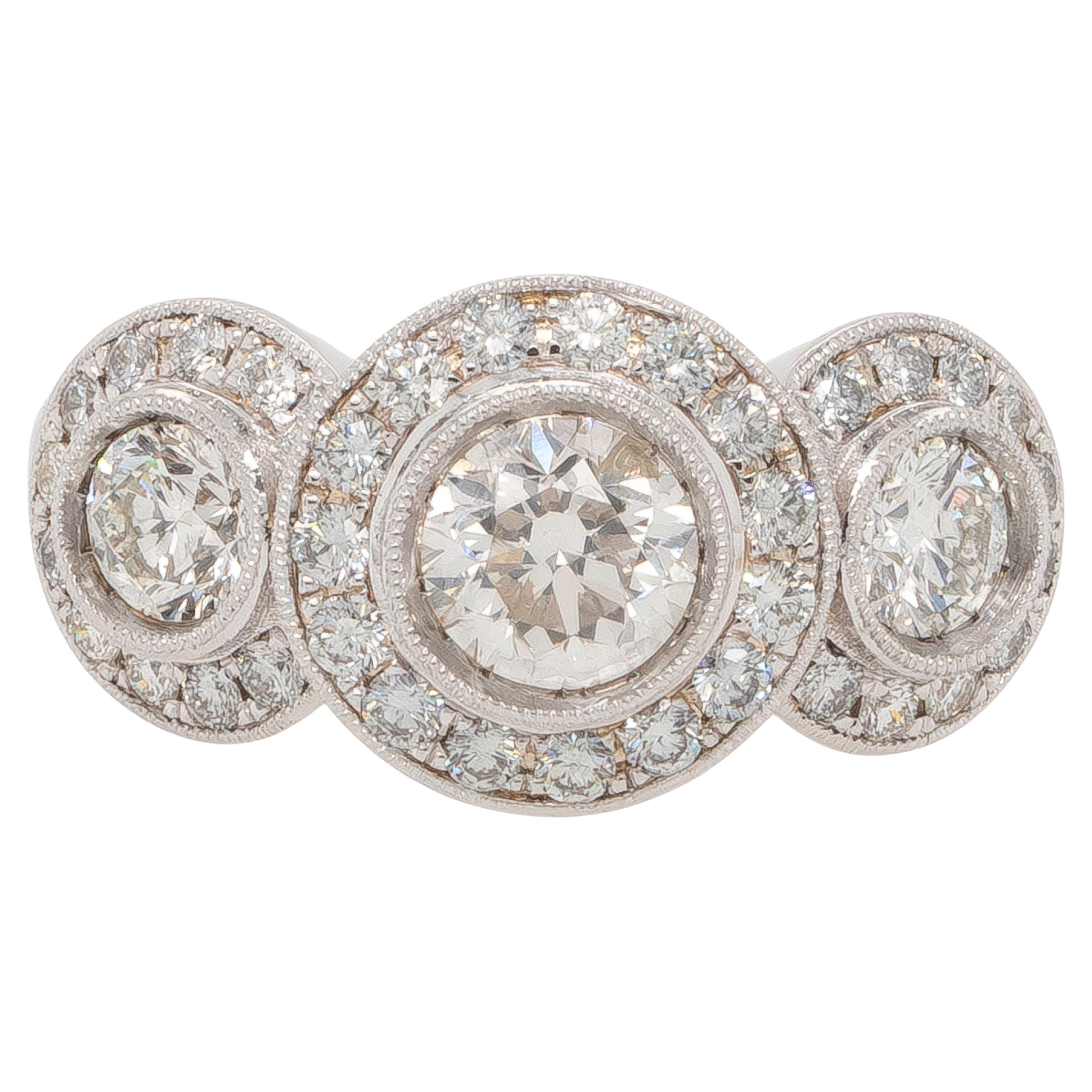 18K White Gold Three-Stone Diamond Halo Ring