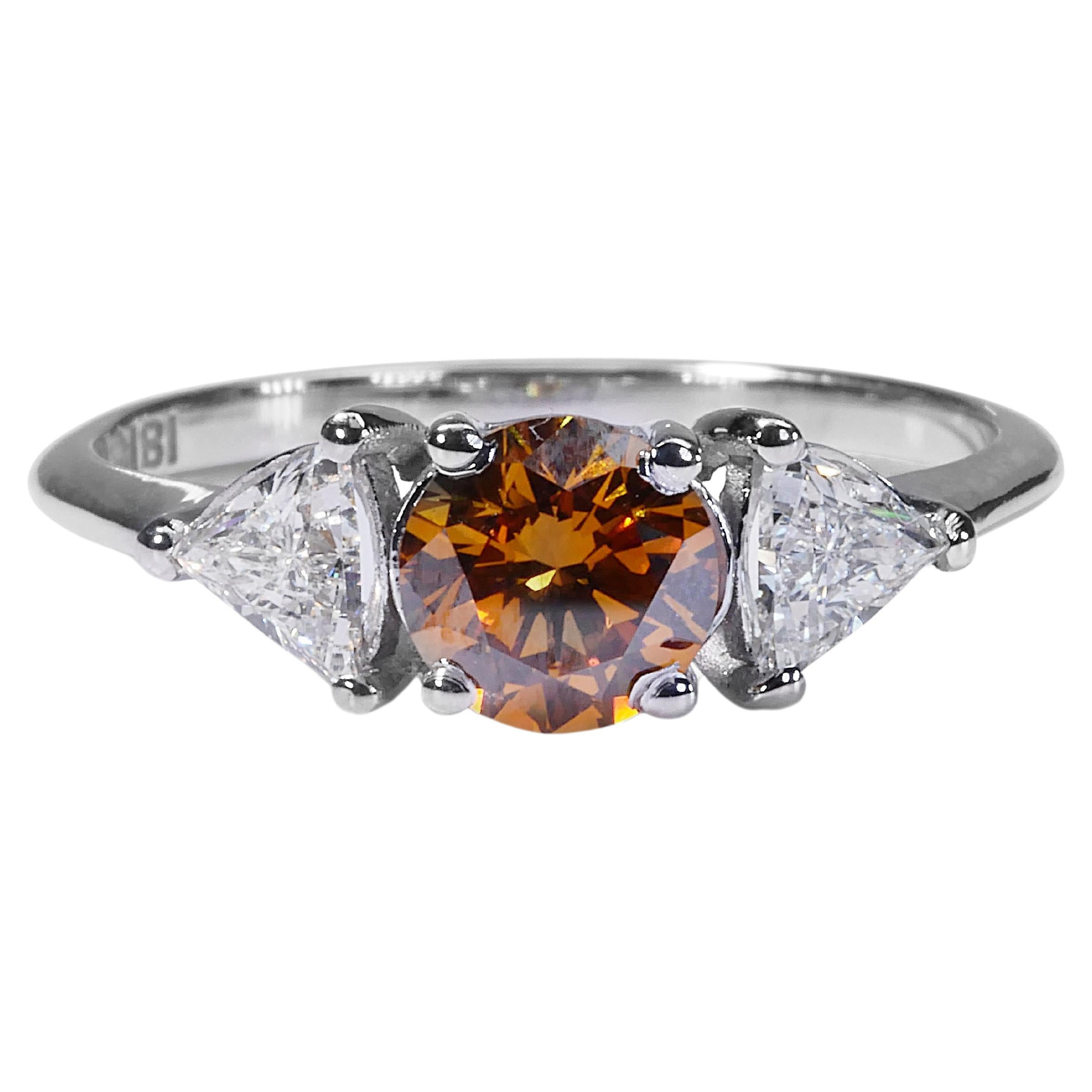 18k White Gold Three Stone Fancy Color Ring with 1.19 Natural Diamonds GIA Cert