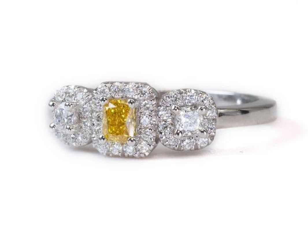 18K White Gold Three Stone Halo Ring with 0.32 Ct Natural Diamonds, GIA Cert 1