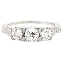 18K White Gold & Three Stone Old European Cut 0.82± Ct Diamond Ring