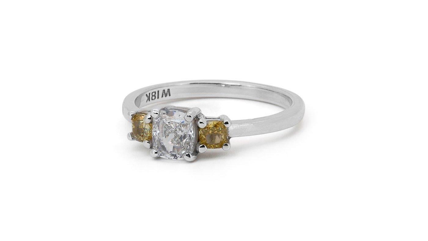 Cushion Cut 18k White Gold Three Stone Ring with 1.11 Carat Natural Diamonds IGI Certificate