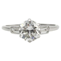 Antique 18K White Gold Three-Stone Ring with 1.30 ct Old-Cut Diamond & Tapered Accents