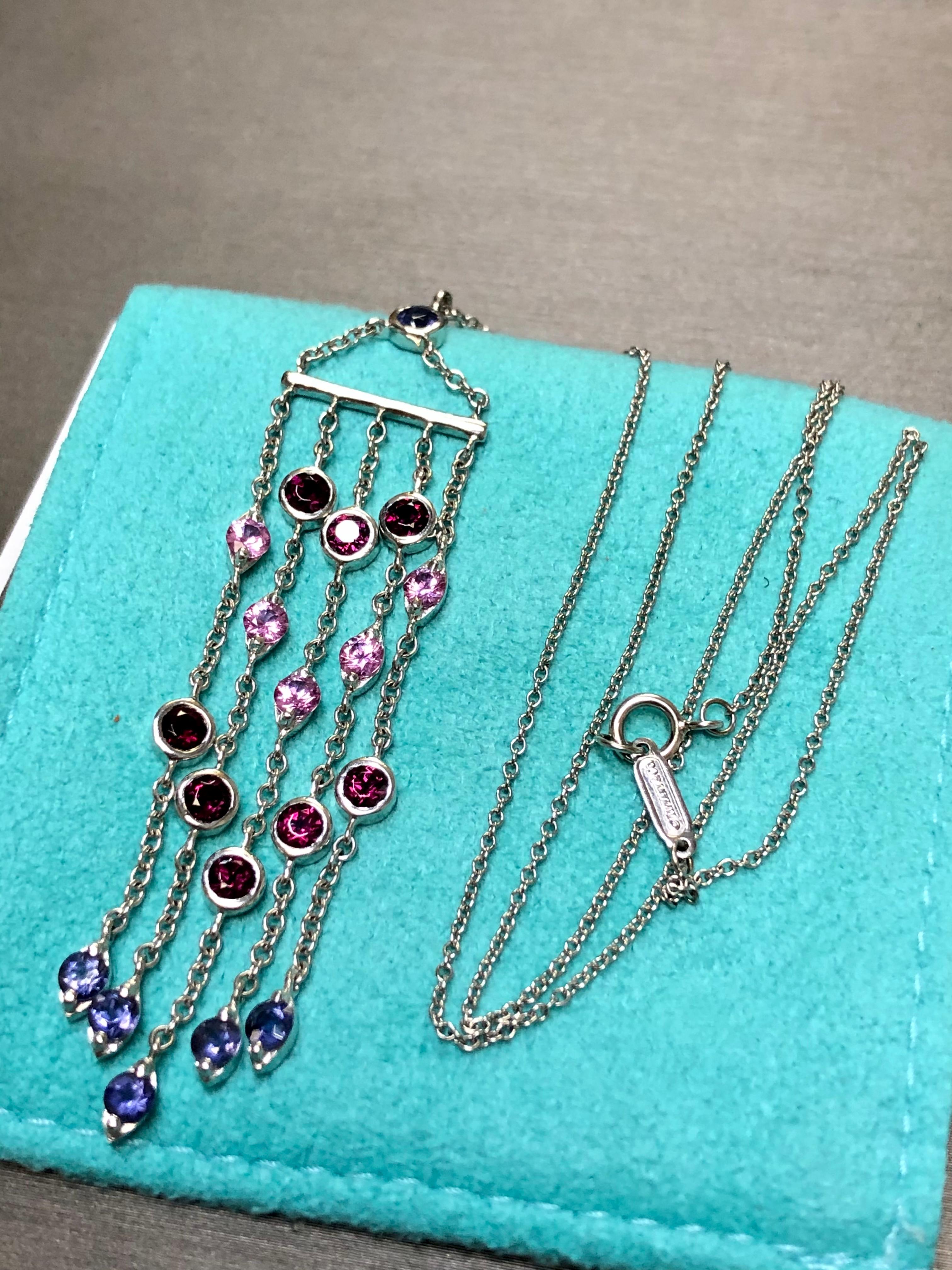 18k White Gold Tiffany Pink Blue Sapphire Iolite Garnet Tassel Pendant Necklace For Sale 6