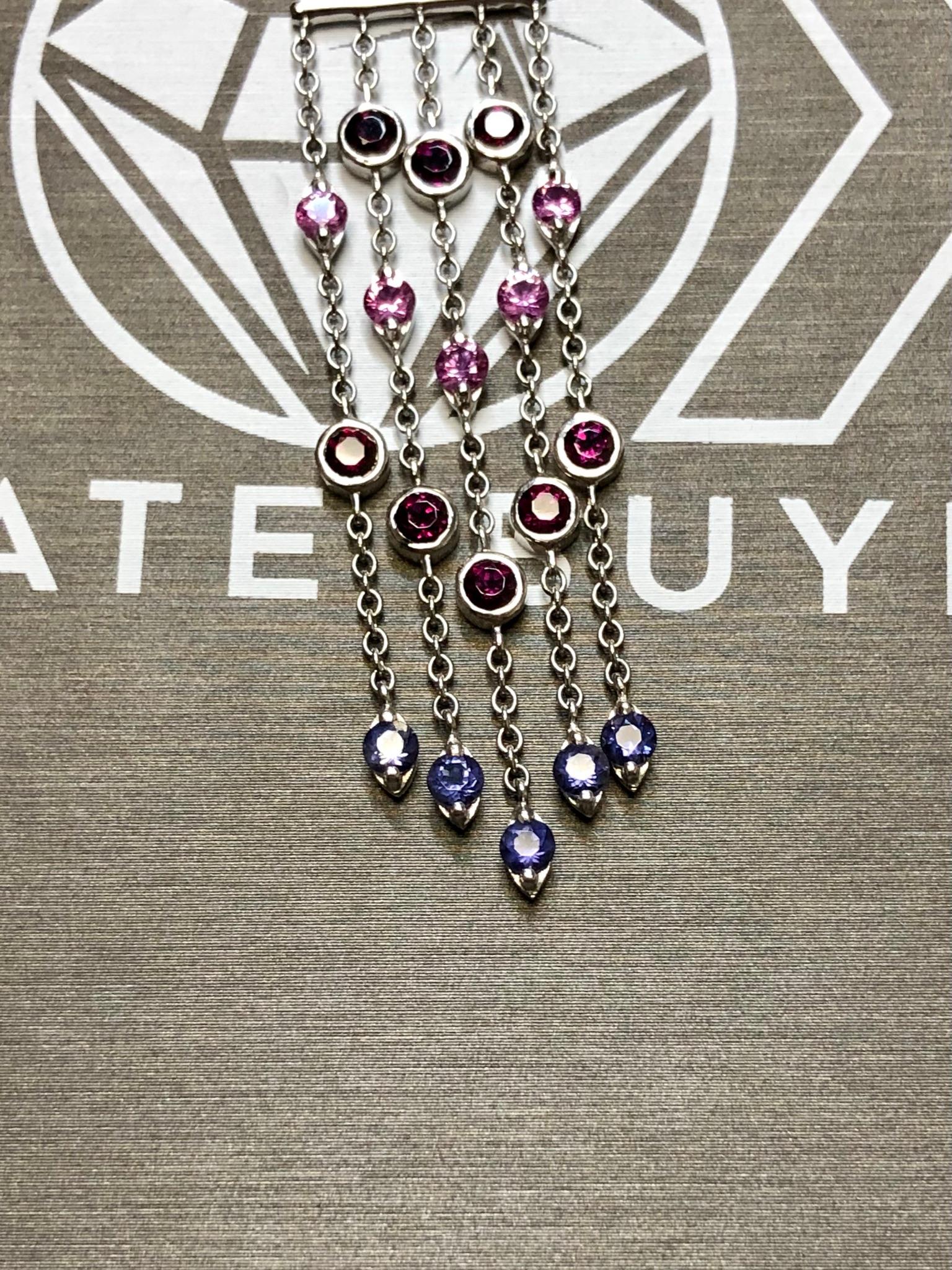 18k White Gold Tiffany Pink Blue Sapphire Iolite Garnet Tassel Pendant Necklace In Good Condition For Sale In Winter Springs, FL
