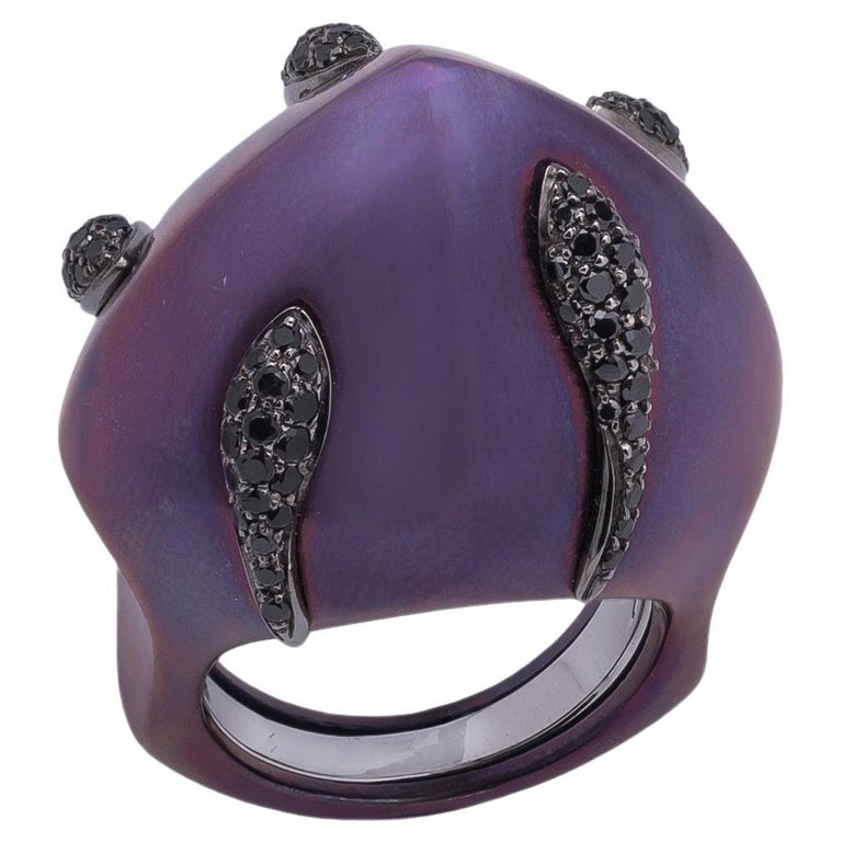 Customizable 18k White Gold, Titanium and Black Diamonds Dome Ring For