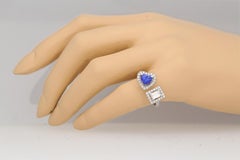 18k White Gold Toi et Moi Ring with Heart Shape Tanzanite and Baguette Diamond
