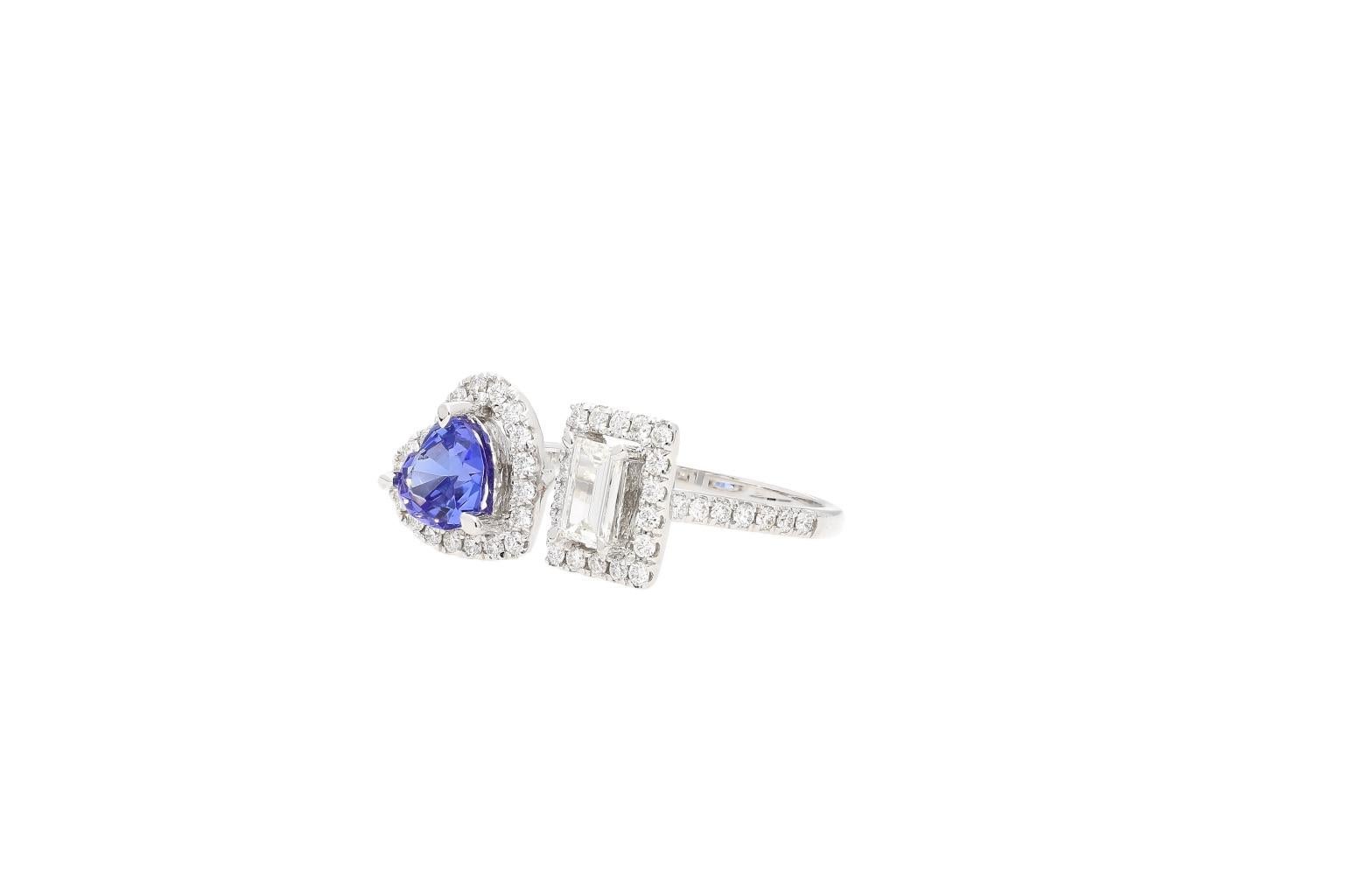 Modernist 18k White Gold Toi et Moi Ring with Heart Shape Tanzanite and Baguette Diamond For Sale
