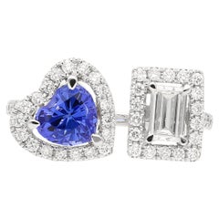 18k White Gold Toi et Moi Ring with Heart Shape Tanzanite and Baguette Diamond