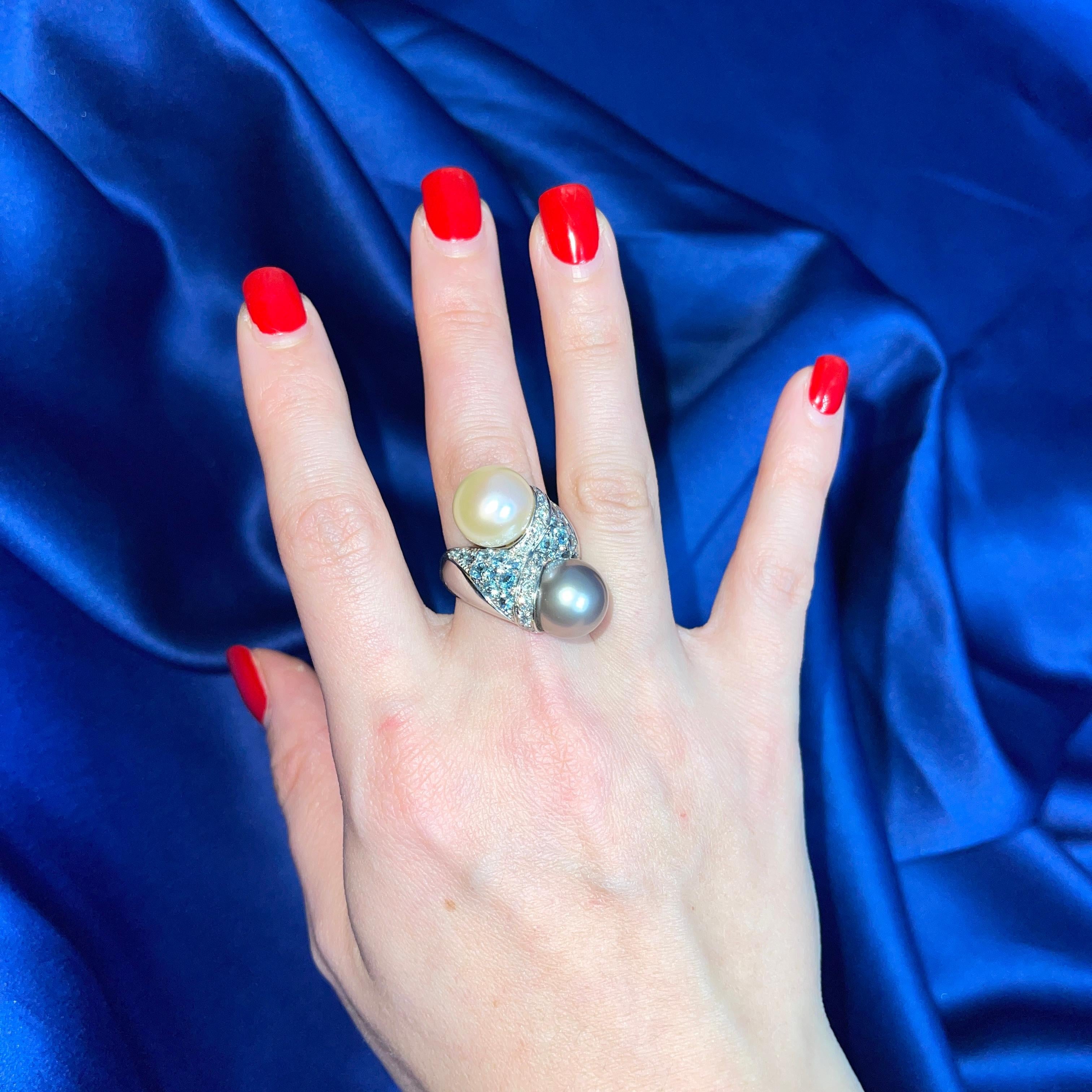 18k White Gold Toi et Moi Ring with Pink and Gray Pearls, Diamonds, and Aquamari For Sale 9
