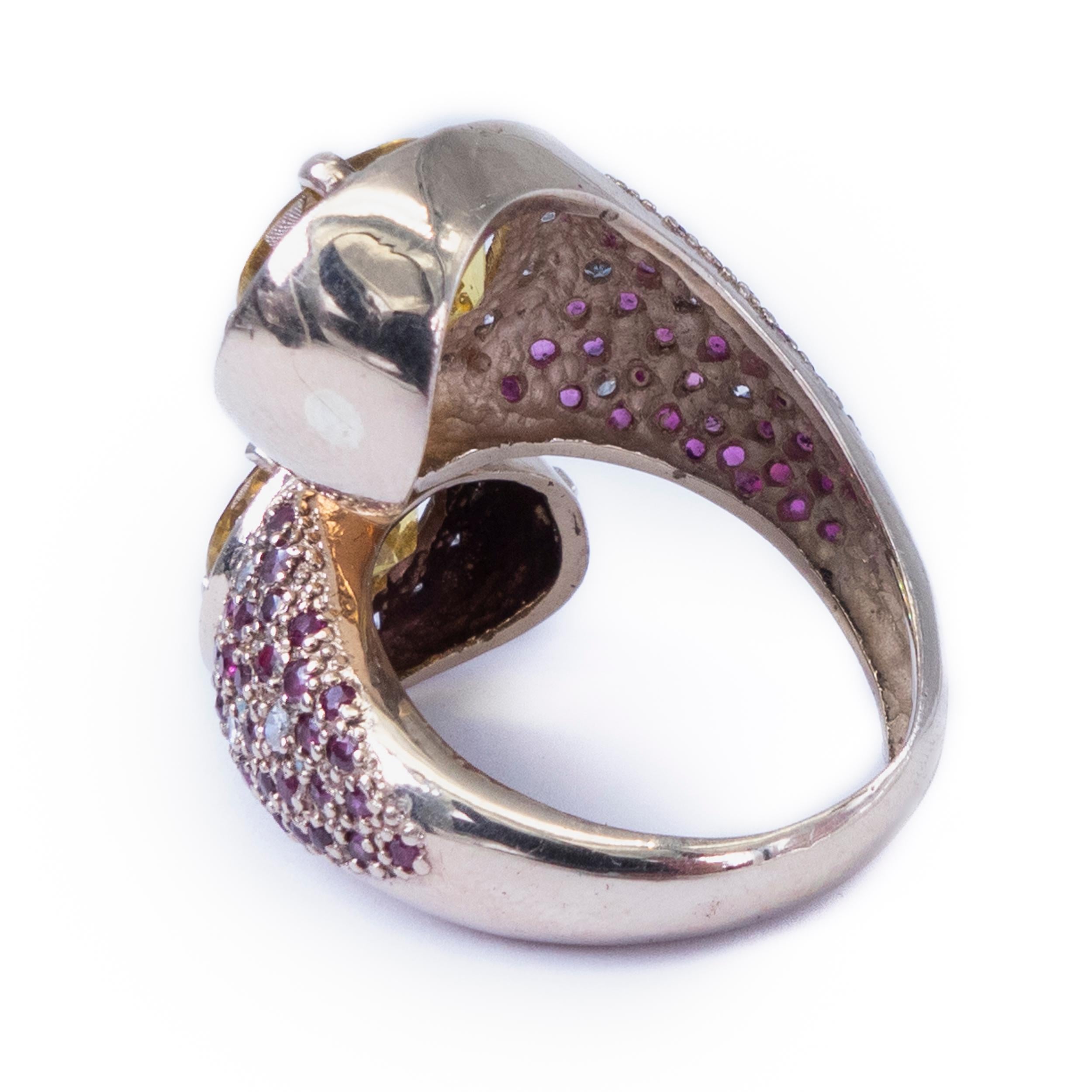 Modern 18K White Gold Toi et Moi Yellow Beryls Rubies Diamonds For Sale