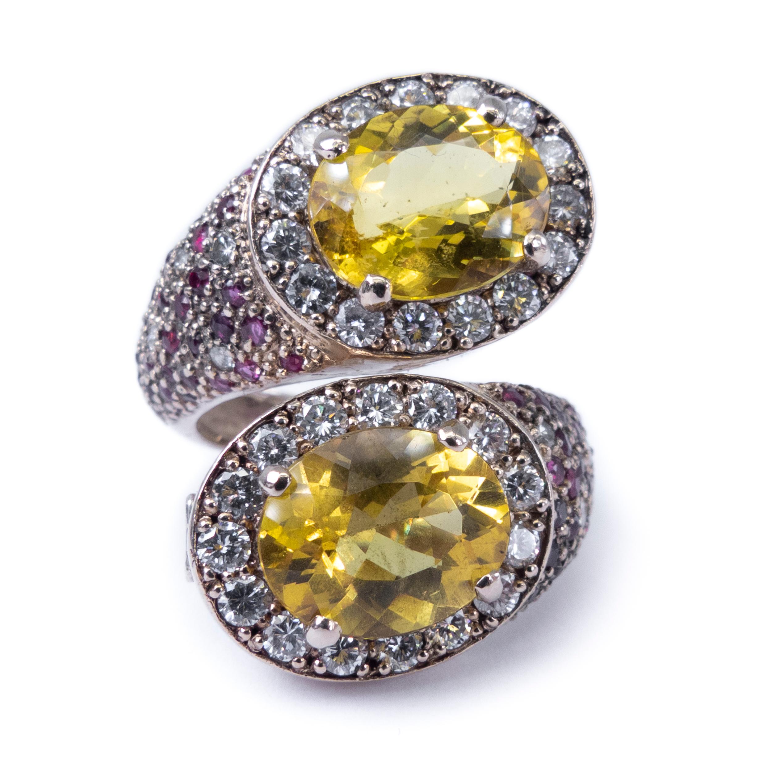 Brilliant Cut 18K White Gold Toi et Moi Yellow Beryls Rubies Diamonds For Sale