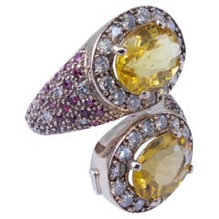 18K White Gold Toi et Moi Yellow Beryls Rubies Diamonds