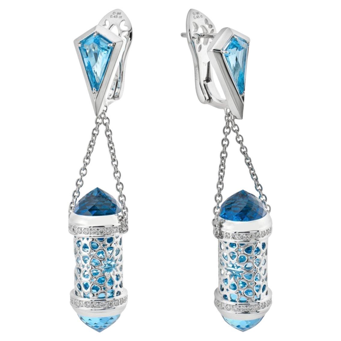 18K White Gold Topaz Diamond Arabic Design Earrings by MOISEIKIN