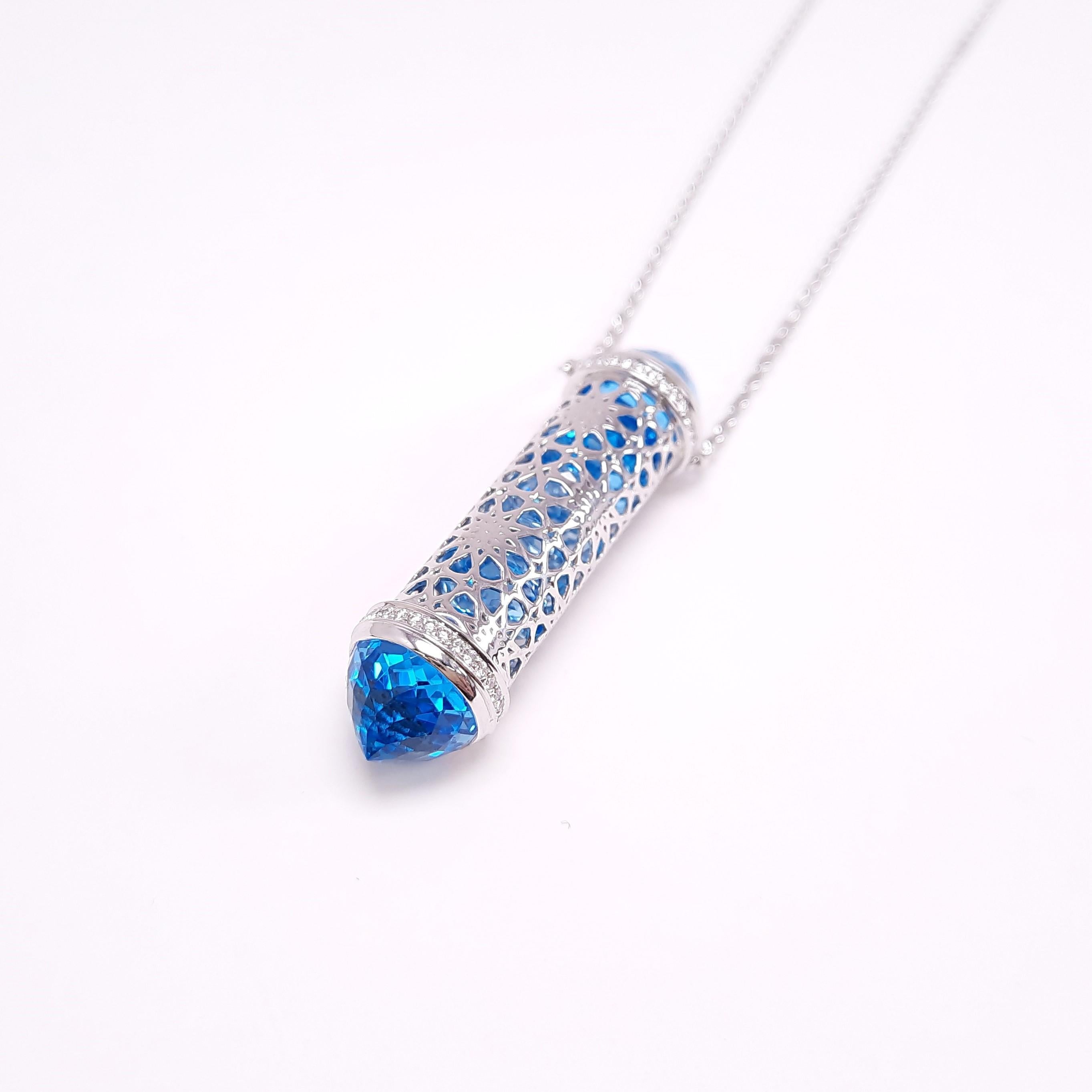 Contemporary 18K White Gold Topaz Diamond Arabic Design Necklace by MOISEIKIN For Sale