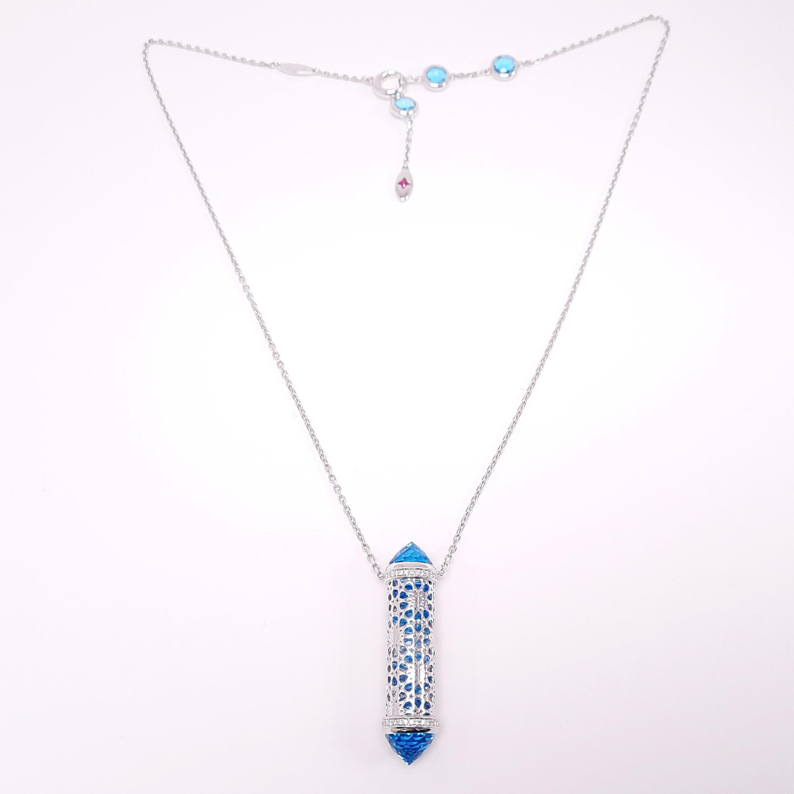 18K White Gold Topaz Diamond Arabic Design Necklace by MOISEIKIN In New Condition For Sale In Hong Kong, HK