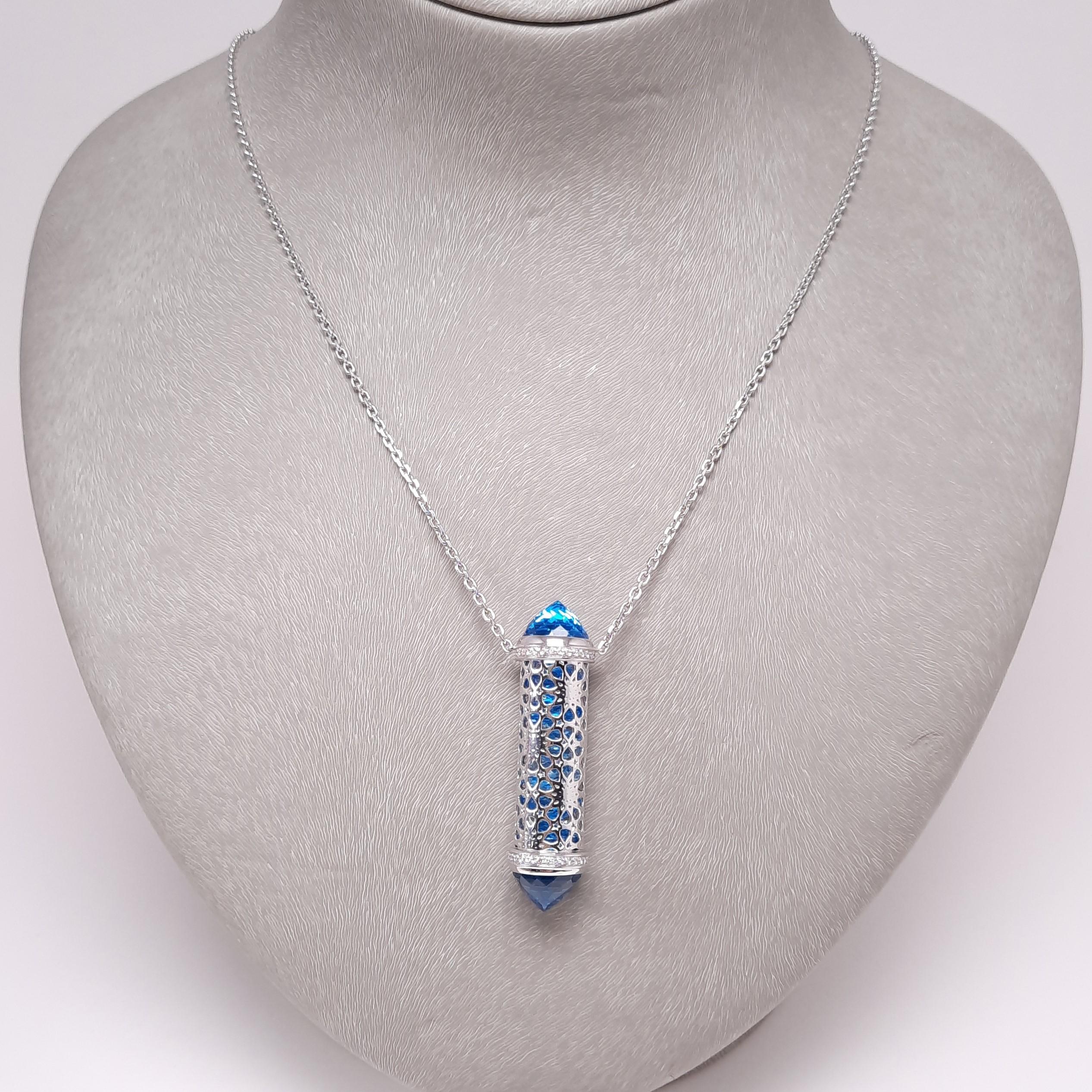 Women's or Men's 18K White Gold Topaz Diamond Arabic Design Necklace by MOISEIKIN For Sale