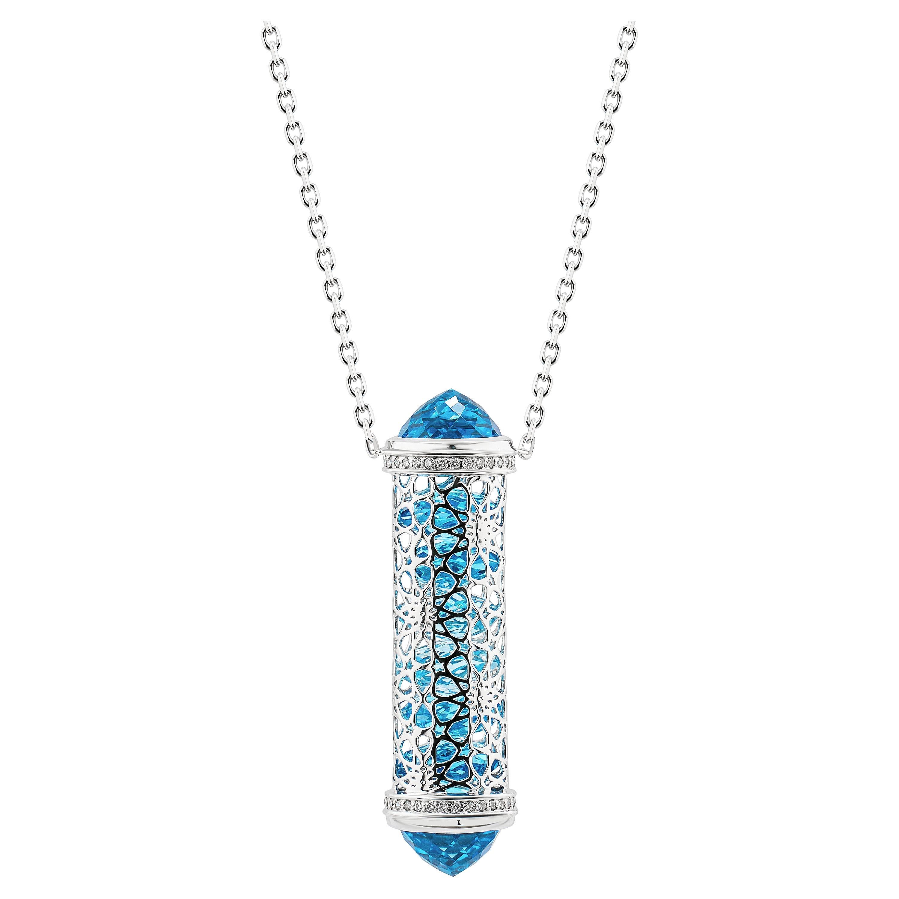 18K White Gold Topaz Diamond Arabic Design Necklace by MOISEIKIN