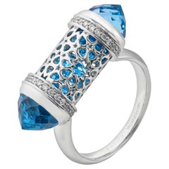 18K White Gold Topaz Diamond Arabic Design Ring by MOISEIKIN