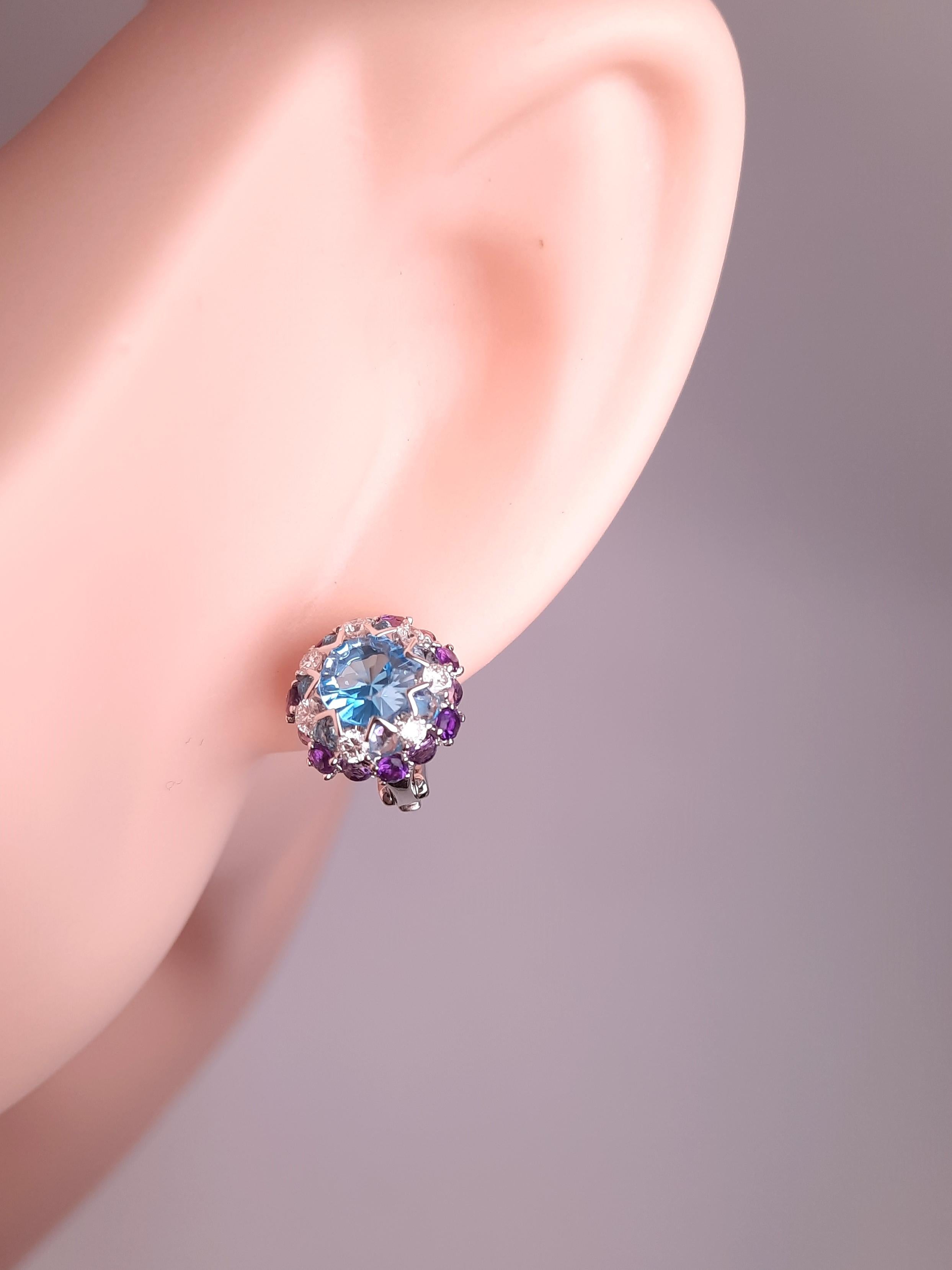 Round Cut 18K White Gold Topaz Diamond Earrings in Aurora Style Stone Setting For Sale