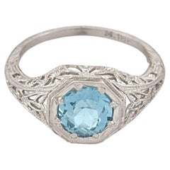 Vintage Art Deco 18K White Gold Light Blue Topaz Solitaire Ring