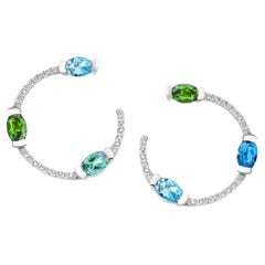 18k White Gold Tourmaline Aquamarine Diamond Curved Earrings