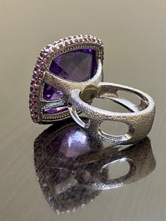 18K White Gold Tourmaline Checkerboard Cushion Cut Amethyst Engagement Ring