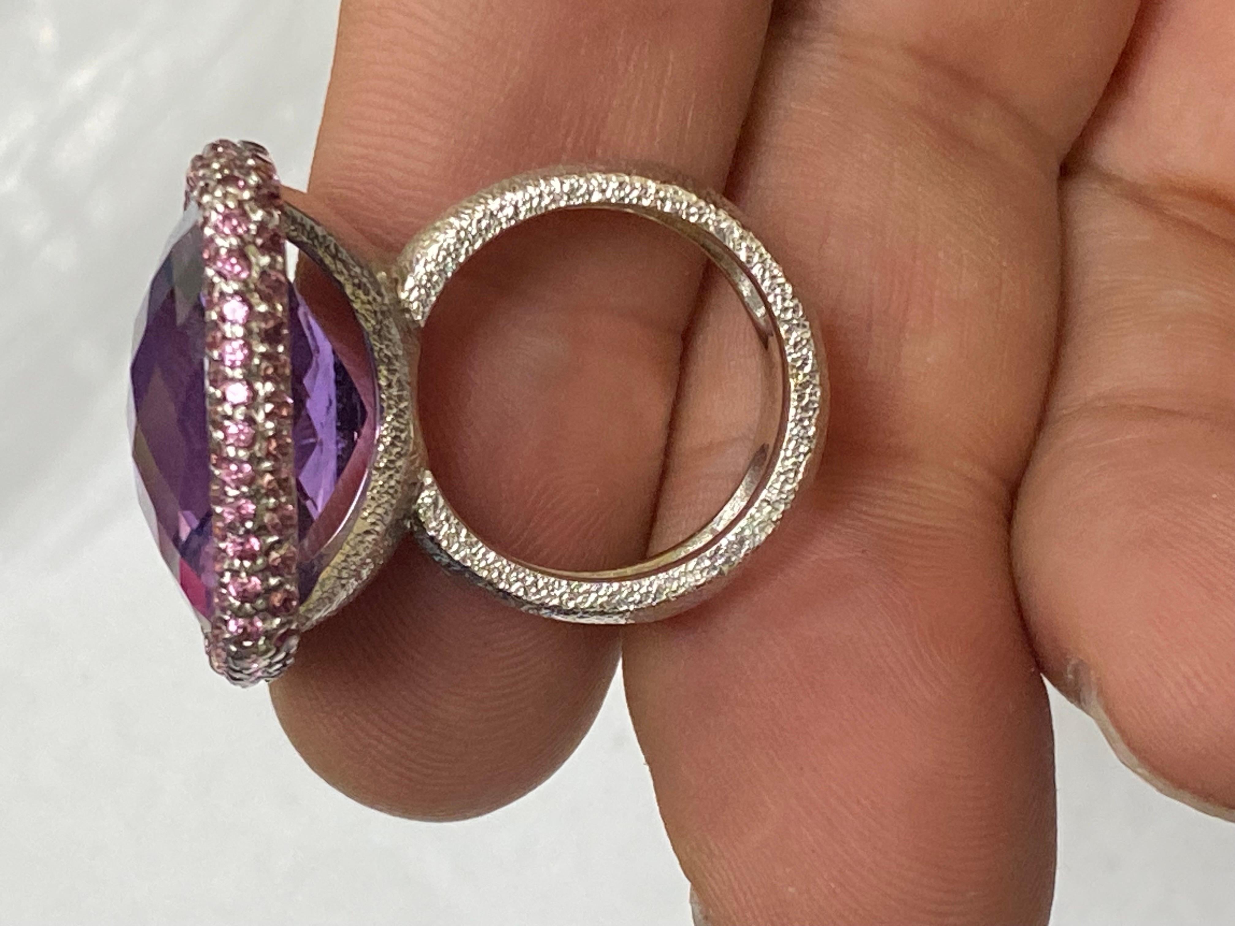 18K White Gold Tourmaline Checkerboard Cushion Cut Amethyst Engagement Ring  In New Condition For Sale In Los Angeles, CA