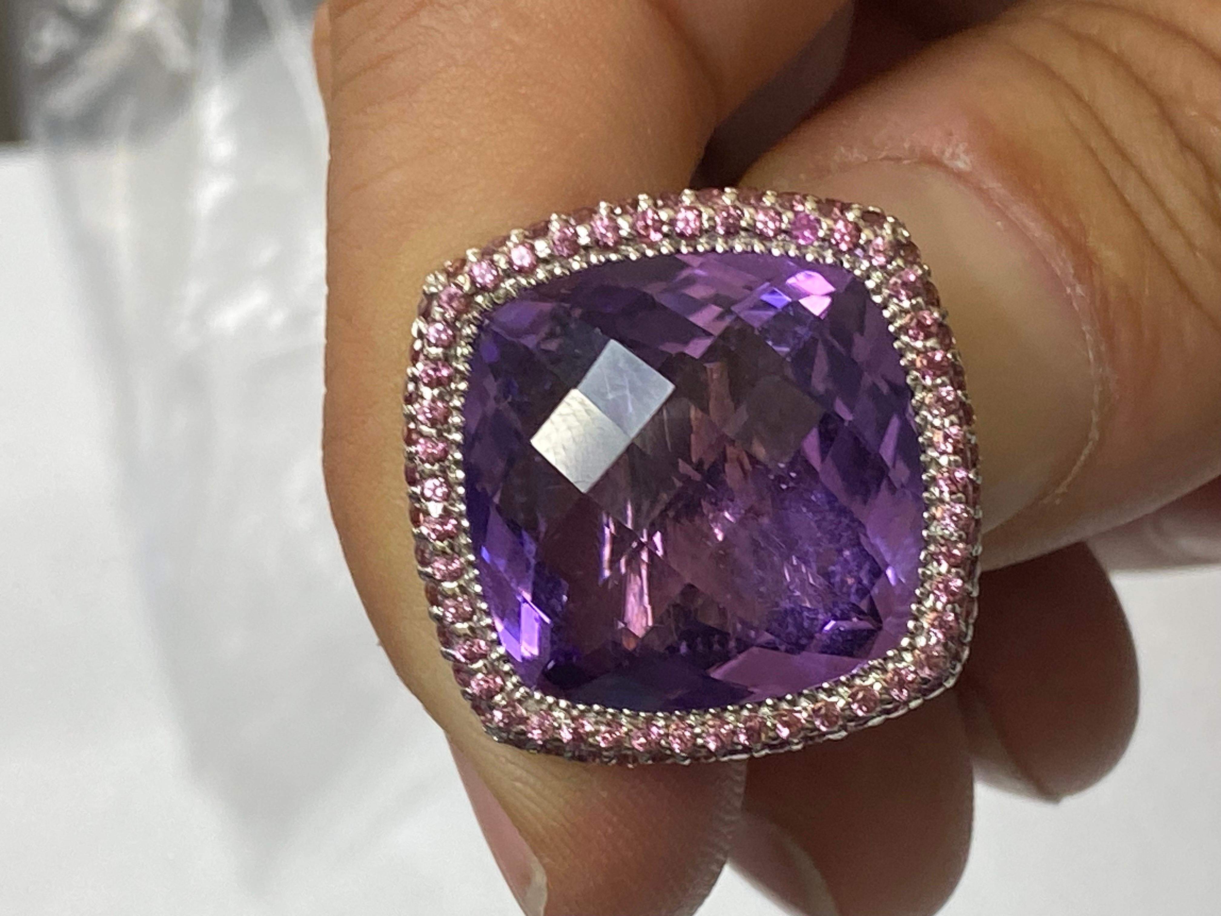 Women's 18K White Gold Tourmaline Checkerboard Cushion Cut Amethyst Engagement Ring  For Sale